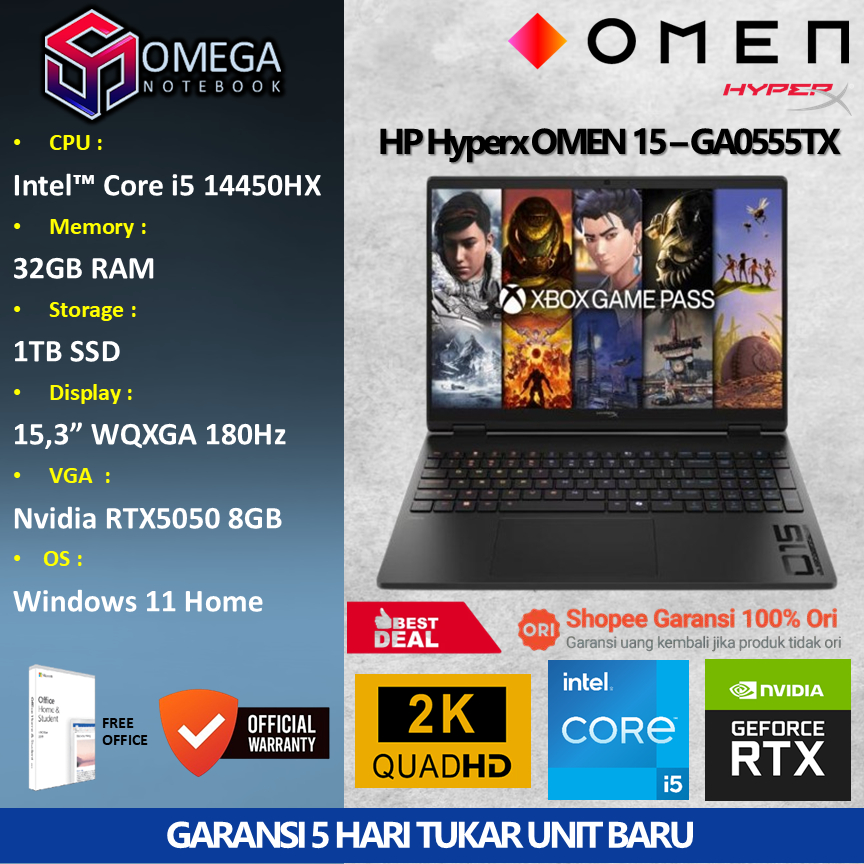 HP HyperX Omen 15 GA0555TX i5 14450HX 32GB 1TB RTX5050 8GB 15,3" WQXGA Windows 11 + Office