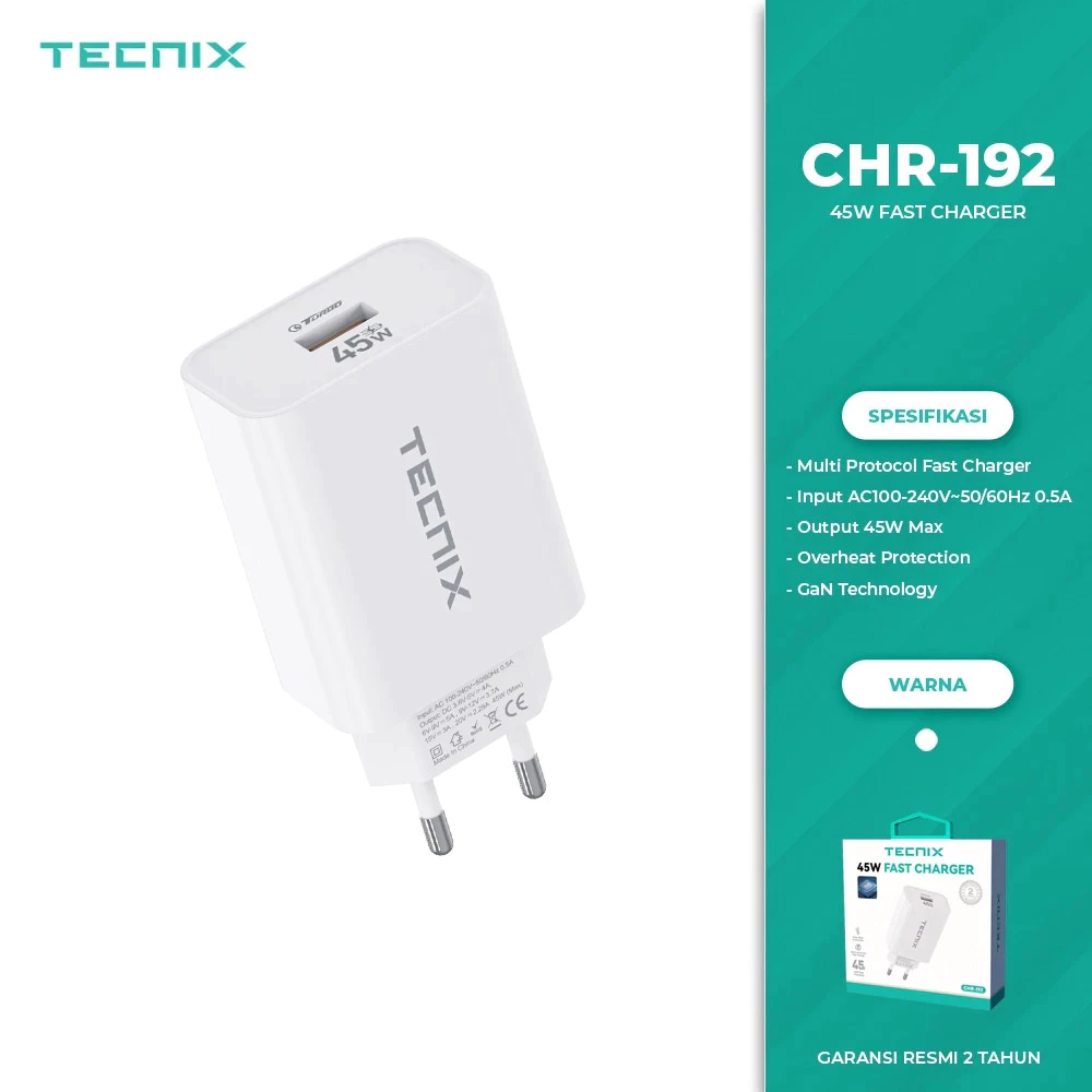 TECNIX CHR-192 Adaptor Charger Type C Fast Charging 45W Adapter Charger PD 45w Kepala Charger GaN 45
