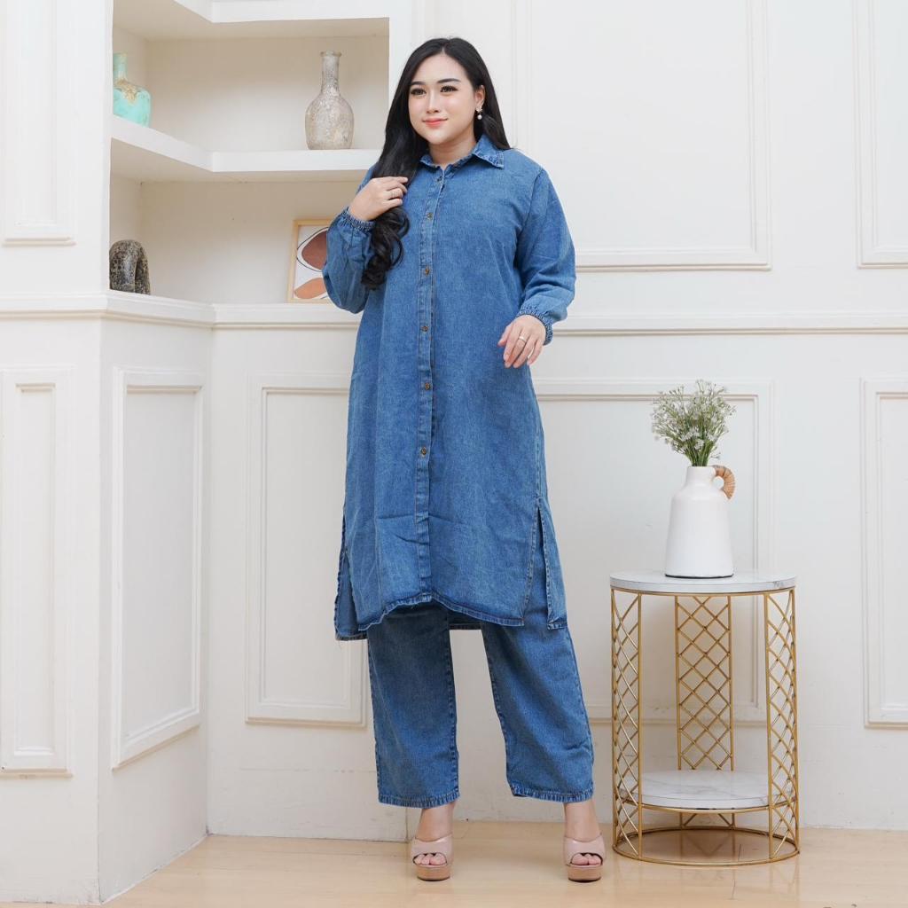 JAMMIE SETCEL TUNIK JEANS Premium Quality One Set | Setelan Celana Jeans & Tunik Panjang
