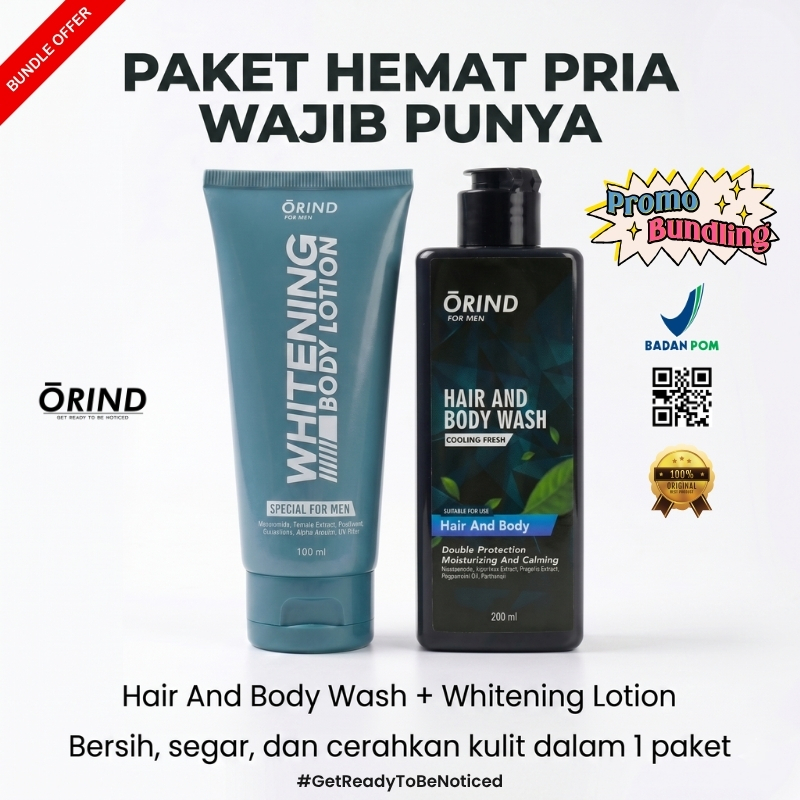 Paket Hemat ORIND Pria – Hair & Body Wash + Whitening Body Lotion, Anti Bau & Cerahkan Kulit, Wangi 