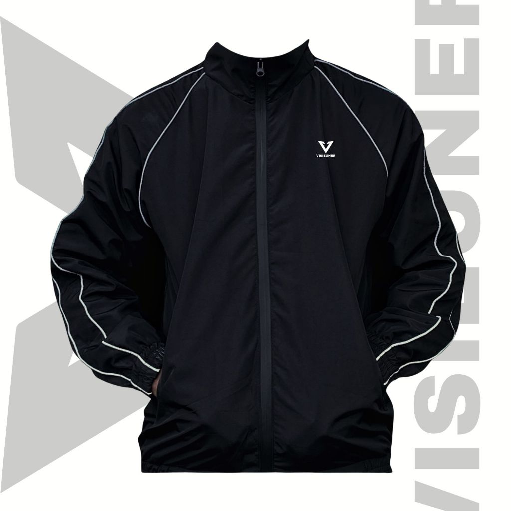 Jaket Tracktop Jaket Casual Kerah hitam waterproof