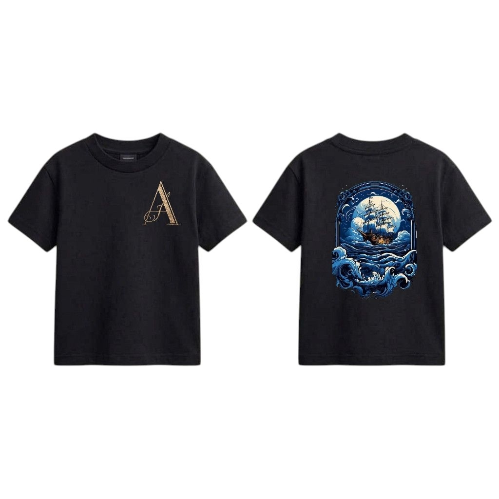 Kaos Anak Laki Laki Distro Premium Gambar Kapal Layar Pinisi & Inisial A Gold - Baju Atasan Anak Cow