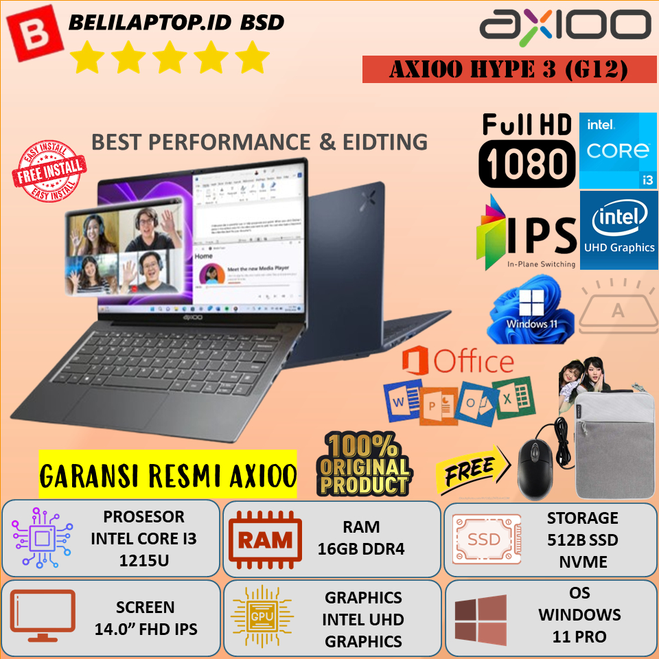 Laptop Axioo Hype 3 (G12) Intel Core i3 1215U Ram 16GB DDR4 512GB SSD 14" FHD IPS Windows 11 Pro Ori