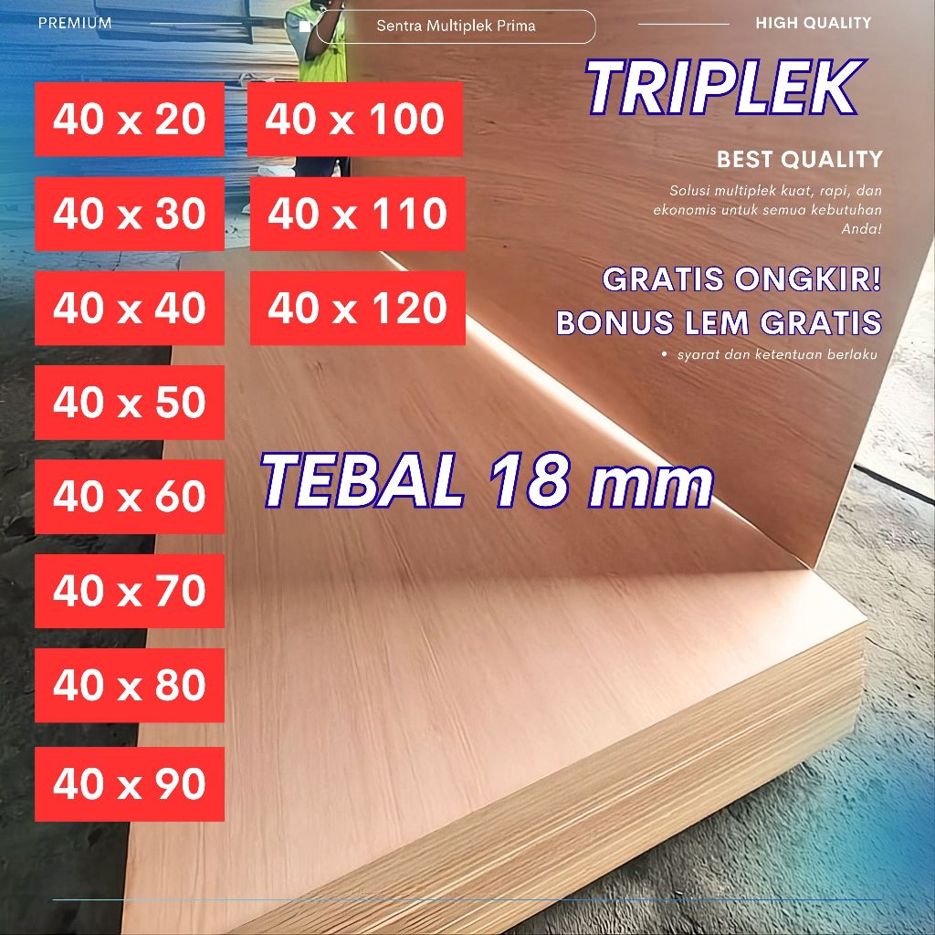 Triplek Meranti Tebal 18mm Premium, Berbagai Ukuran, High Quality