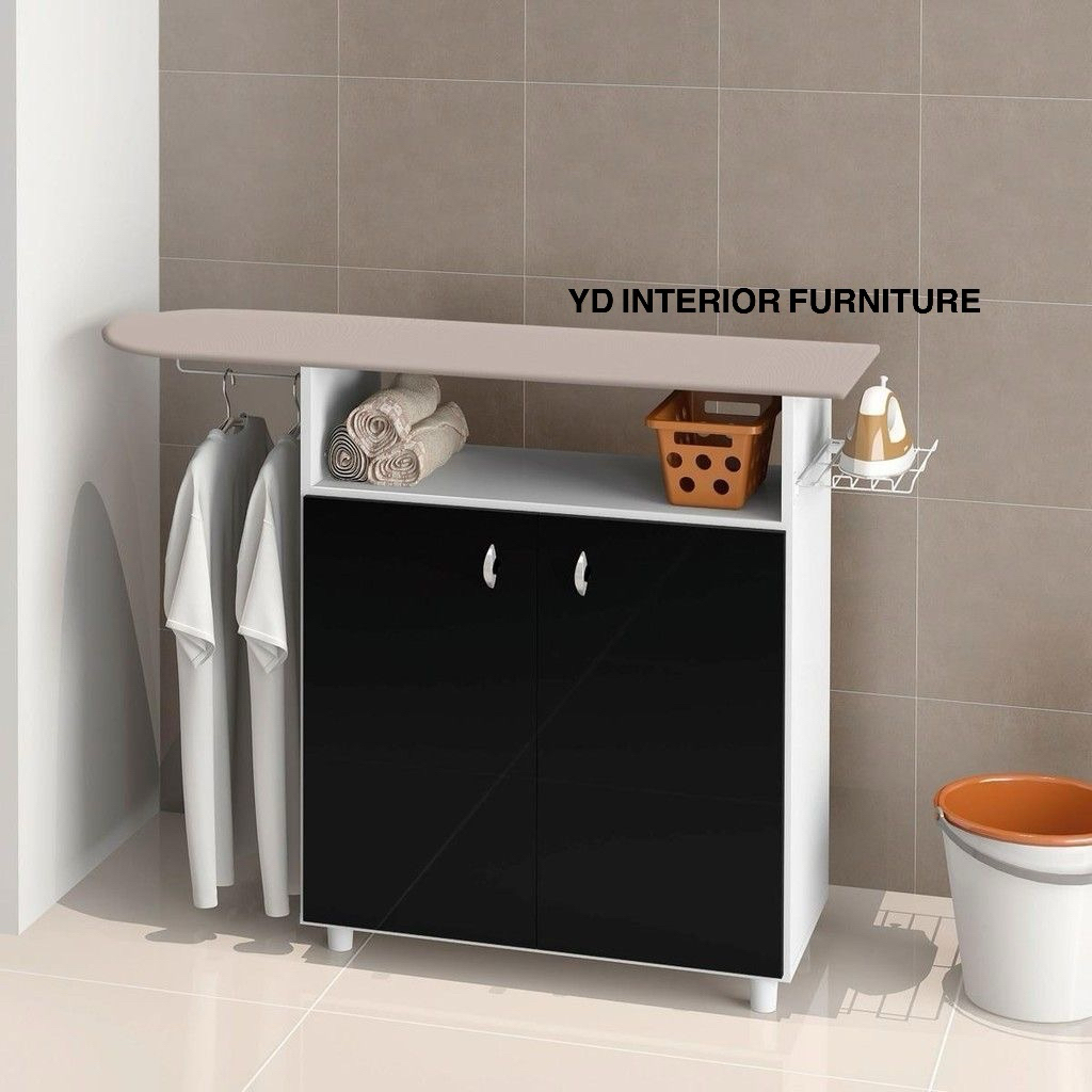 Meja Setrika Minimalis Premium Multifungsi Rak & Lemari Desain Elegan Hitam Putih