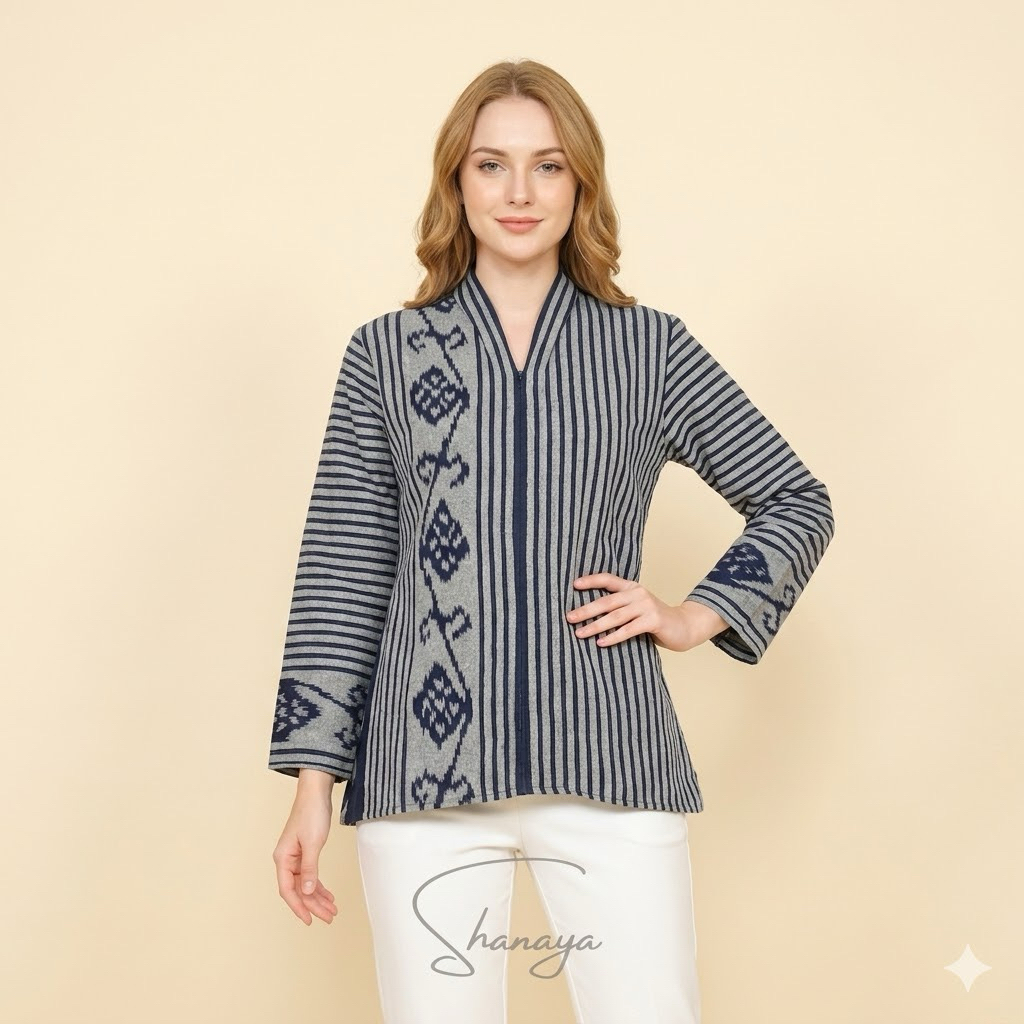 Shanaya Baju Batik Wanita Blus Kartini Tenun Zipper Depan Full Tenun blouse atasan batik kerja