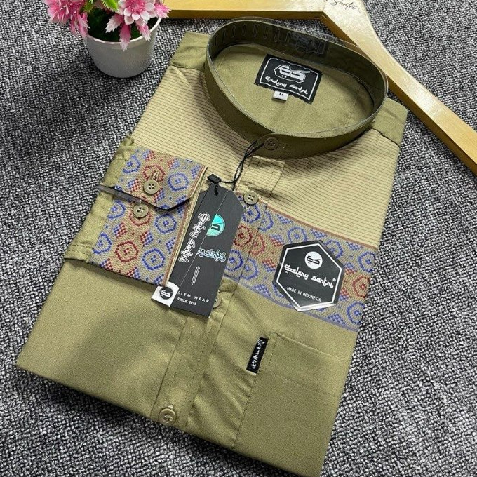 Galery Santri Baju Koko Pria Lengan Panjang Kerah Sanghai Motif Salur Katun Madinah