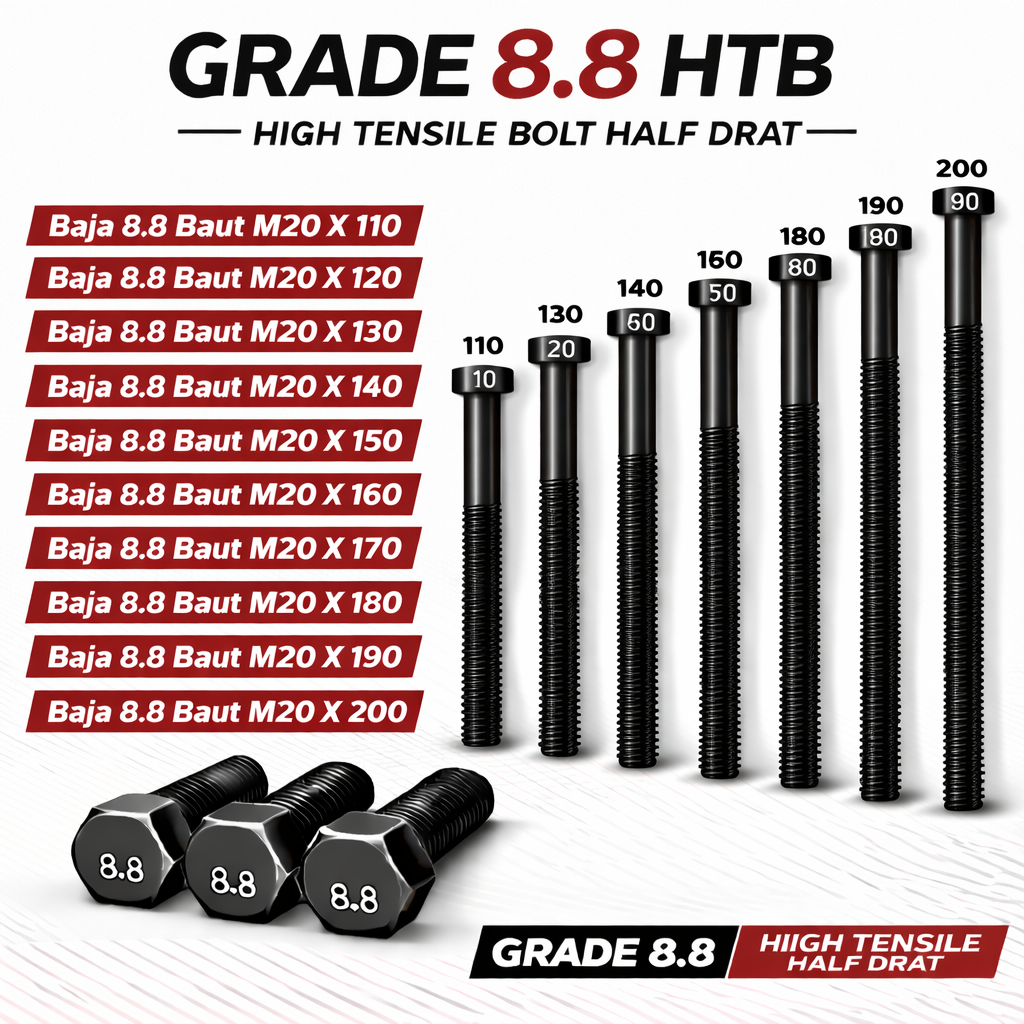 Baja 8.8 Baut M20X150 / Baut 20X150 / M20 X 150 / 20 X 150  Grade 8.8 HTB - High Tensile Bolt Half D