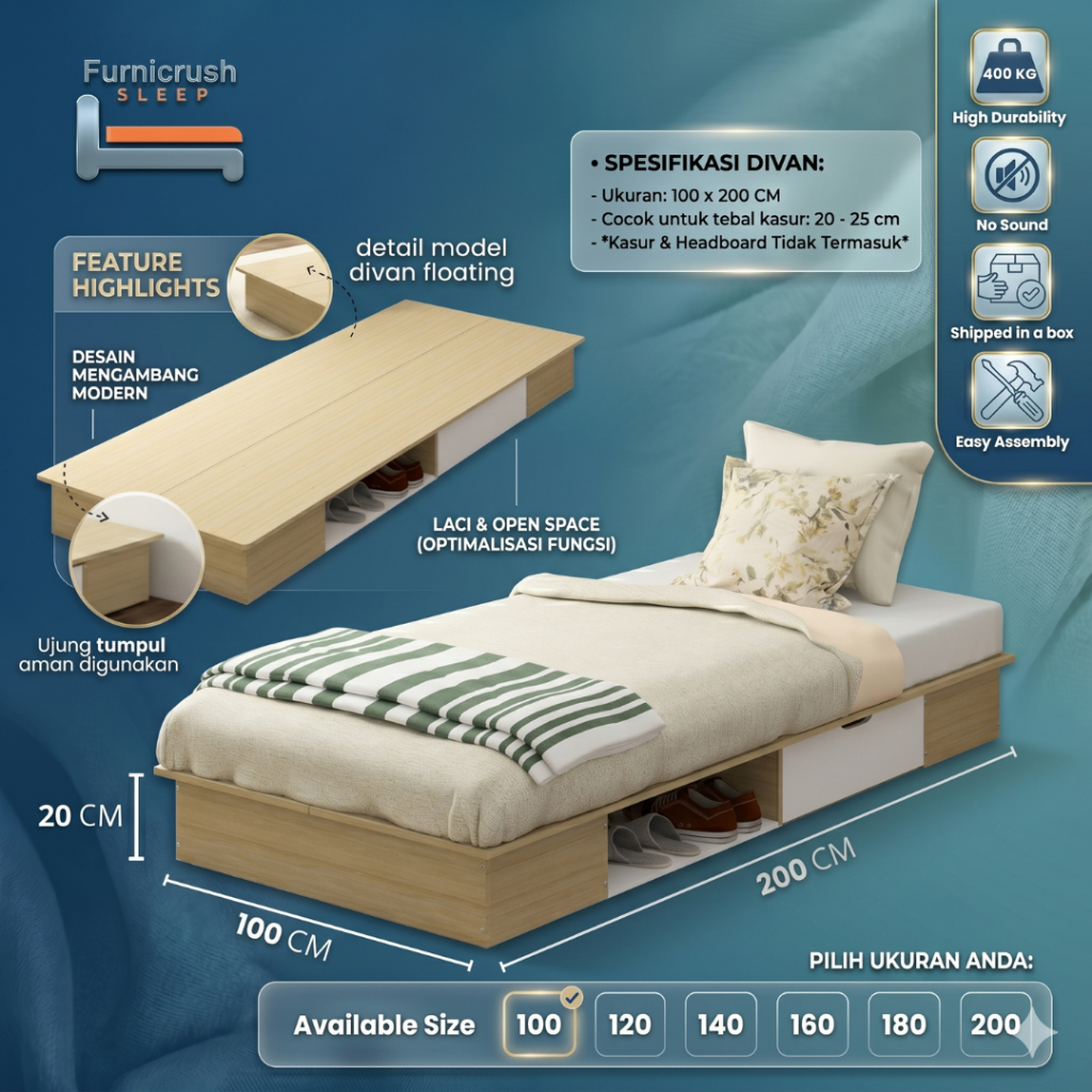 Furnicrush Sleep Dipan Kasur 100 X 200 / Ranjang Tempat Tidur / Divan 100 / Dipan Laci / Divan Singl