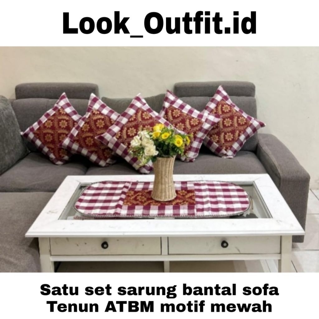 satu set sarung Bantal sofa taplak meja tamu kain Tenun ATBM Terbaru