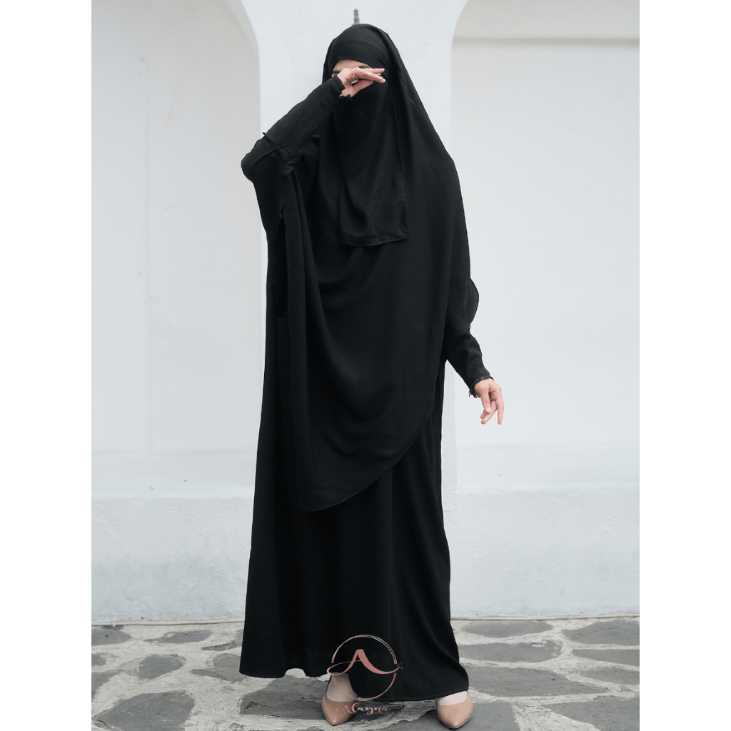 Alaynasyari Shafa Abaya Black Series - French Khimar - Abaya Umroh & Haji - Anti UV