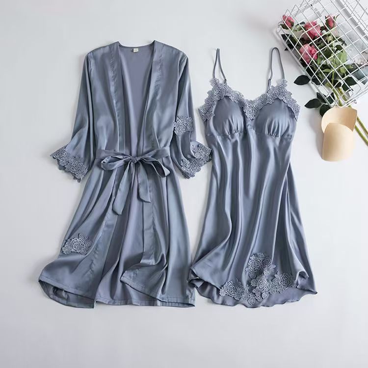 [Renda] Piyama kimono victoria secret satin renda wanita sexy dress+outer lingerie set 2 in 1
