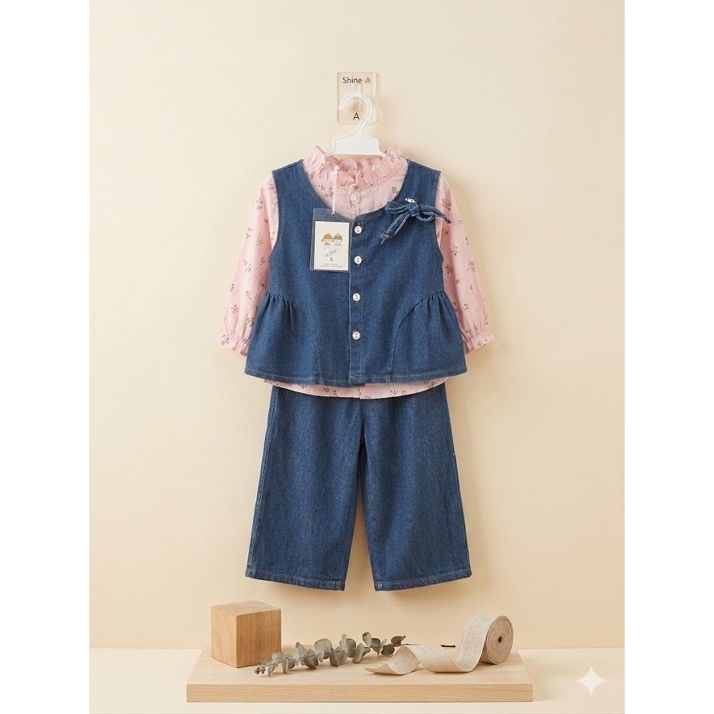stelan anak perempuan kemeja rompi jeans import terbaru