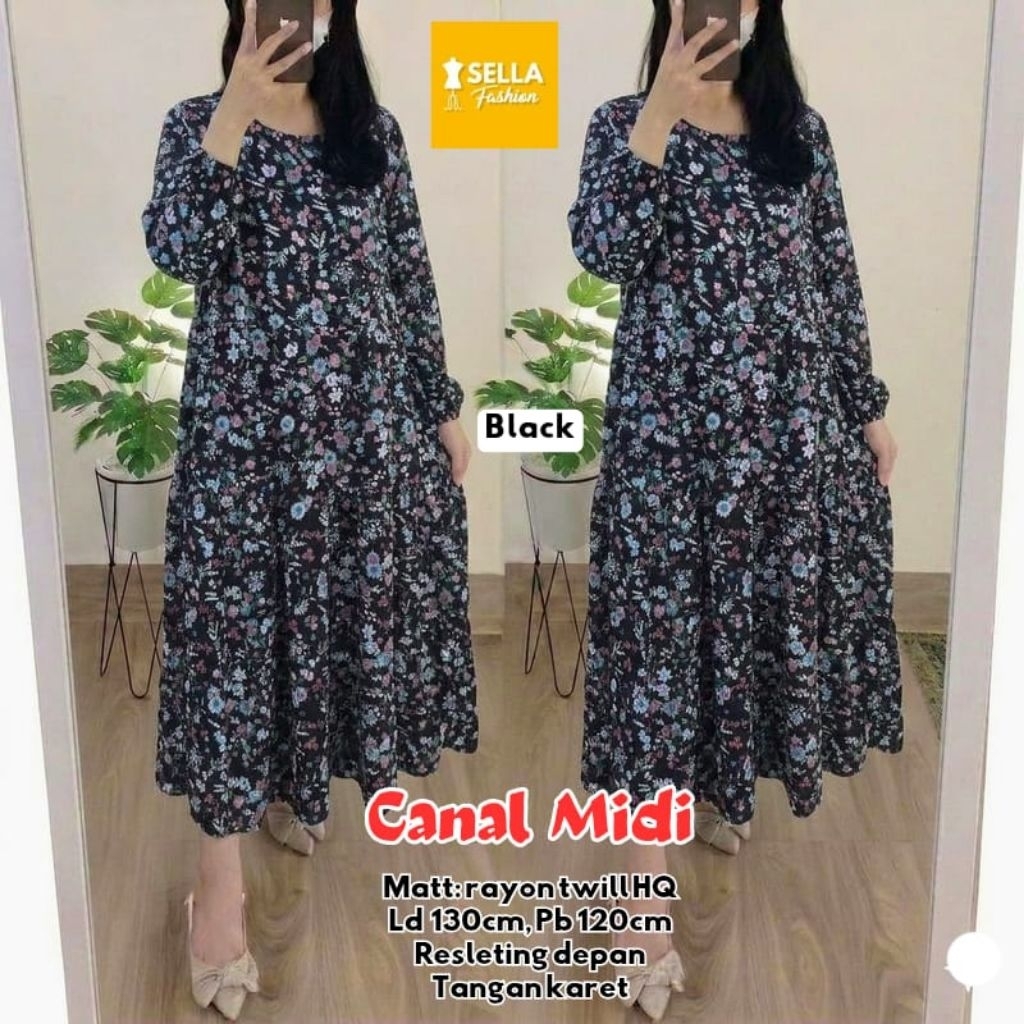 Canal midi dress elegan motif bunga • tunik midi casual wanita jumbo • Rayon import adem • Ld 130 cm