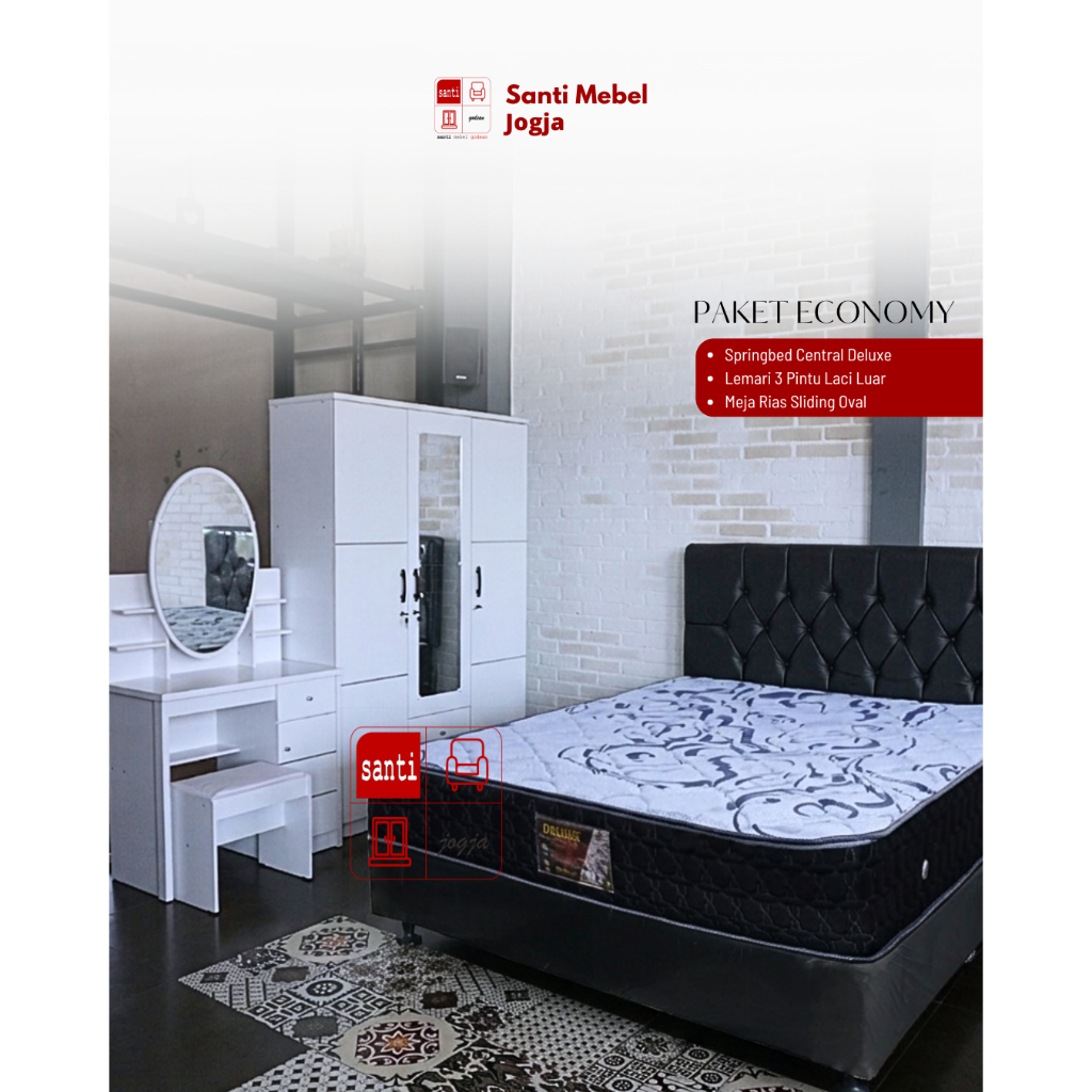 Paket Eco Kasur Springbed Central Deluxe Full Set + Lemari P3 Laci Luar+meja rias oval
