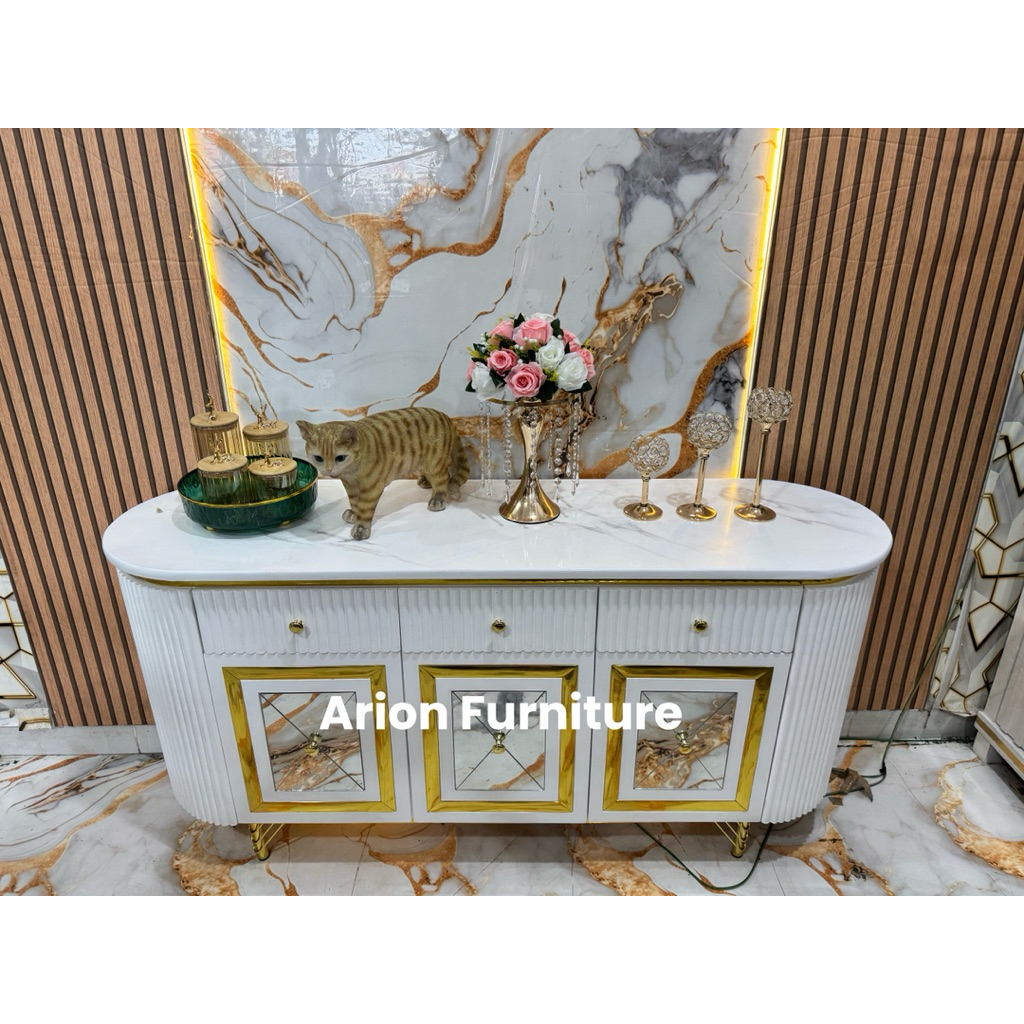 Meja konsul/ Bufet tv/meja list gold/bufet bulat/meja bulat/bufet kaki besi list gold