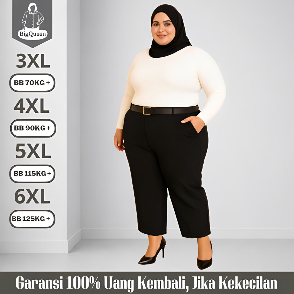 Celana Formal Big Size Wanita Kerja Kantor Jumbo Pinggang Karet Katun Hitam