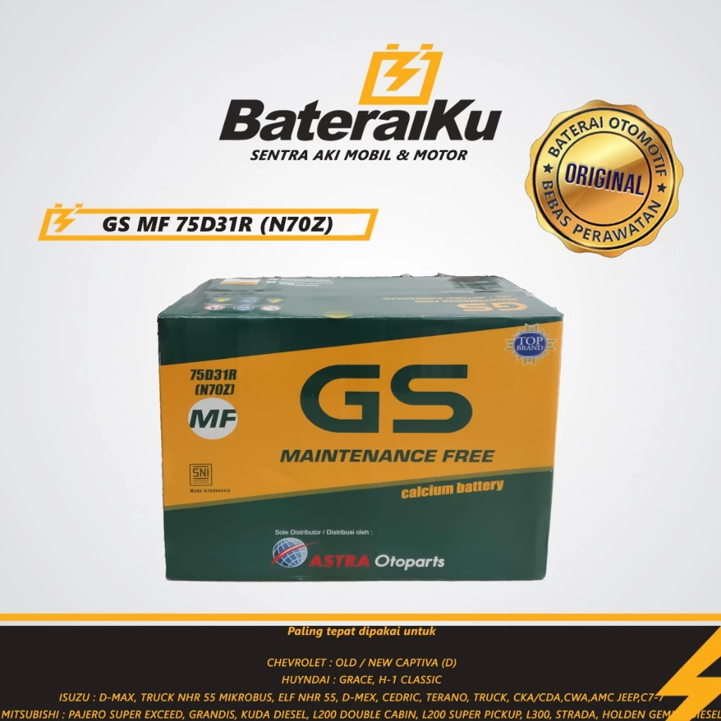 Aki kering merk GS tipe N70Z MF untuk mobil Panther, Hiace, L300, dll