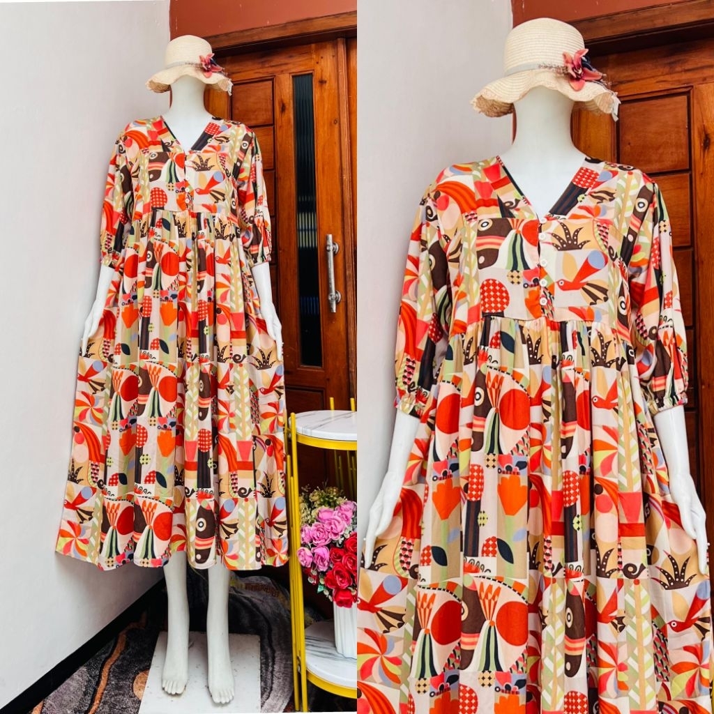 Midi Dress Rayon Premium Busui Tangan 7/8 Karet