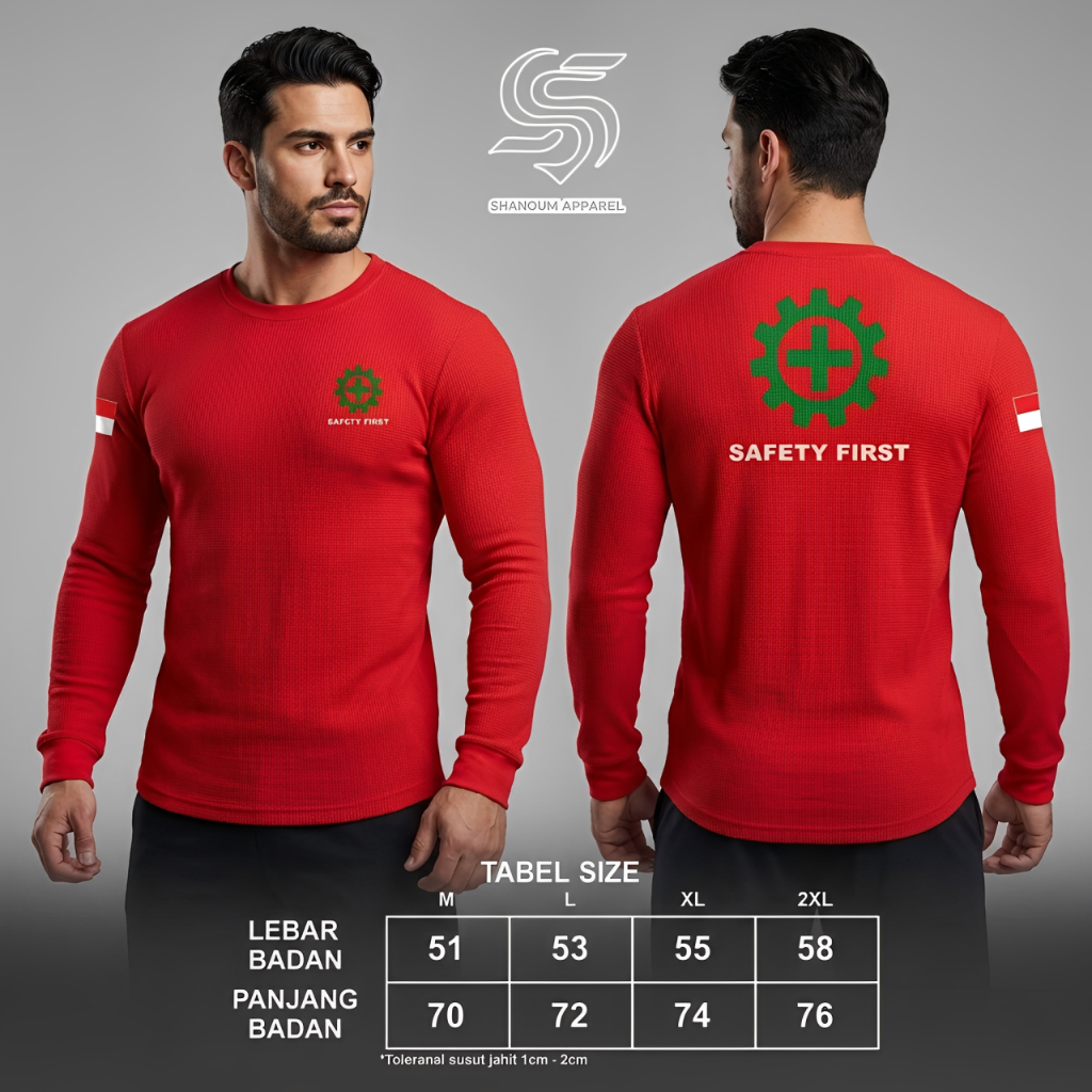 Kaos Jersey Safety First Lengan Panjang - Kaos Safety Kerja Merah Safety First Seragam Lapangan Proy