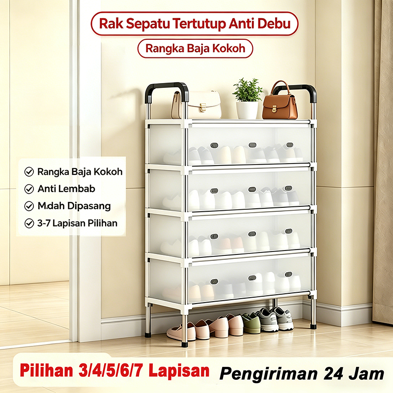 RAK SEPATU LEMARI SEPATU SEDERHANA 3-7 SUSUN BESI ANTI KARAT TERTUTUP ANTI DEBU, DESAIN MINIMALIS KO