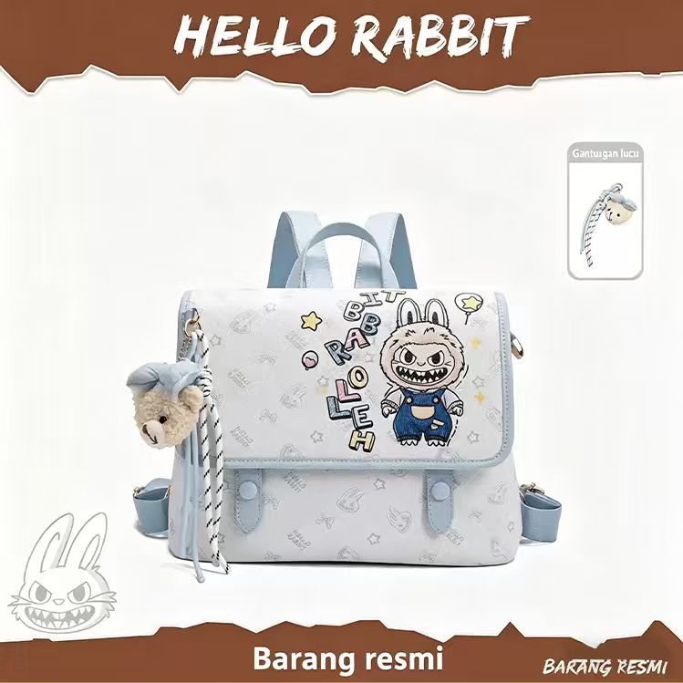 Tas Ransel Wanita Labubu Original Tas Punggung Kulit Premium Putih Biru Tas Sekolah Remaja Tas HangT
