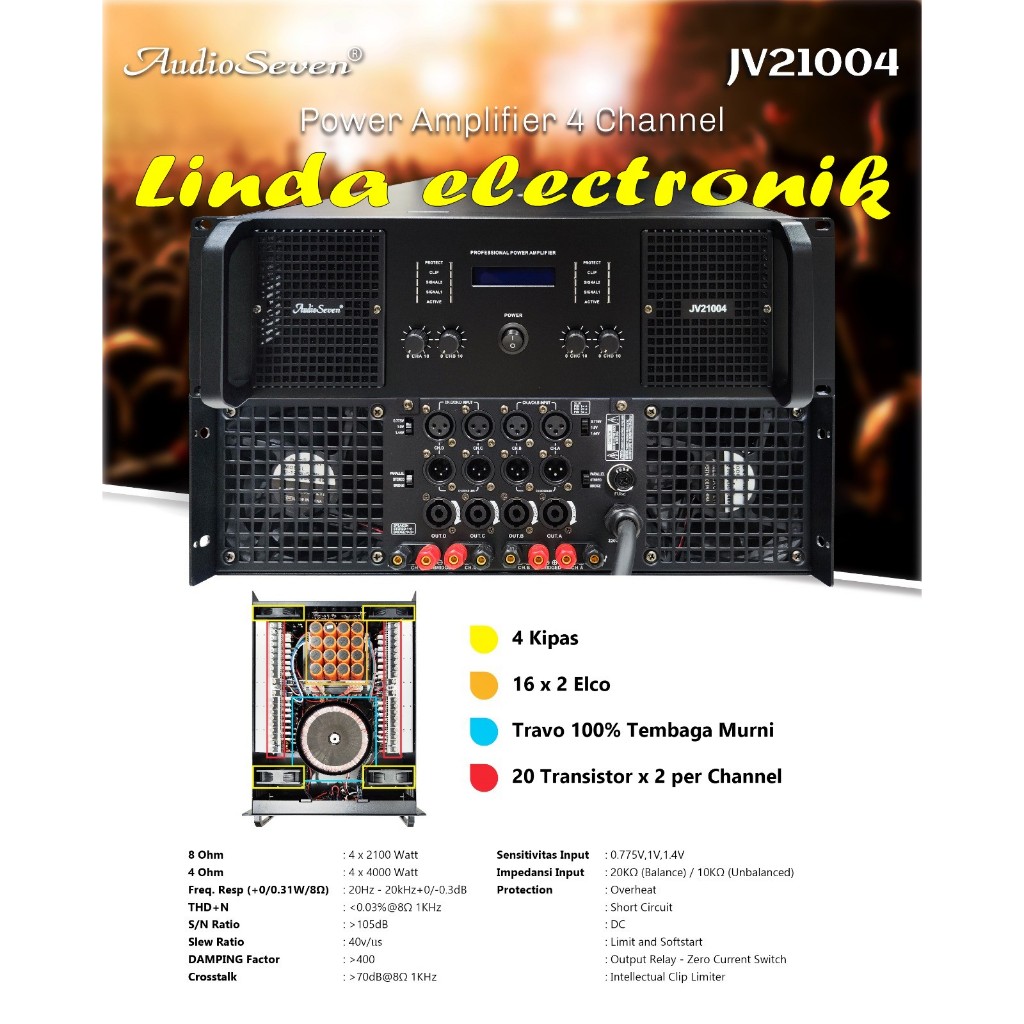 power audio seven jv21004 / jv 21004 / AUDIO SEVEN JV21004 / JV 21004 4 channel 4 x 2100watt origina