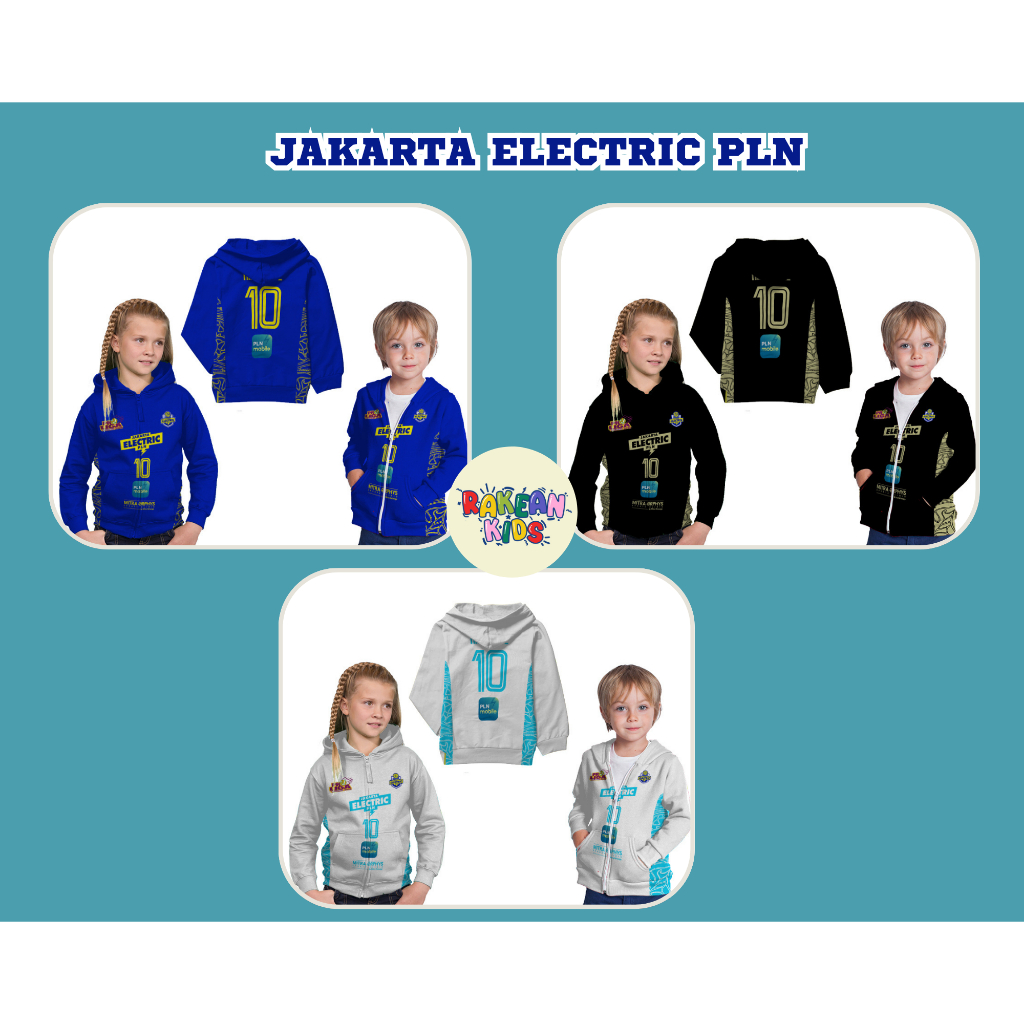 Jaket Hoodie Anak Jersey Olahraga Voli Volly Jakarta Electric PLN Biru,Hitam,Putih Full Printing Fre