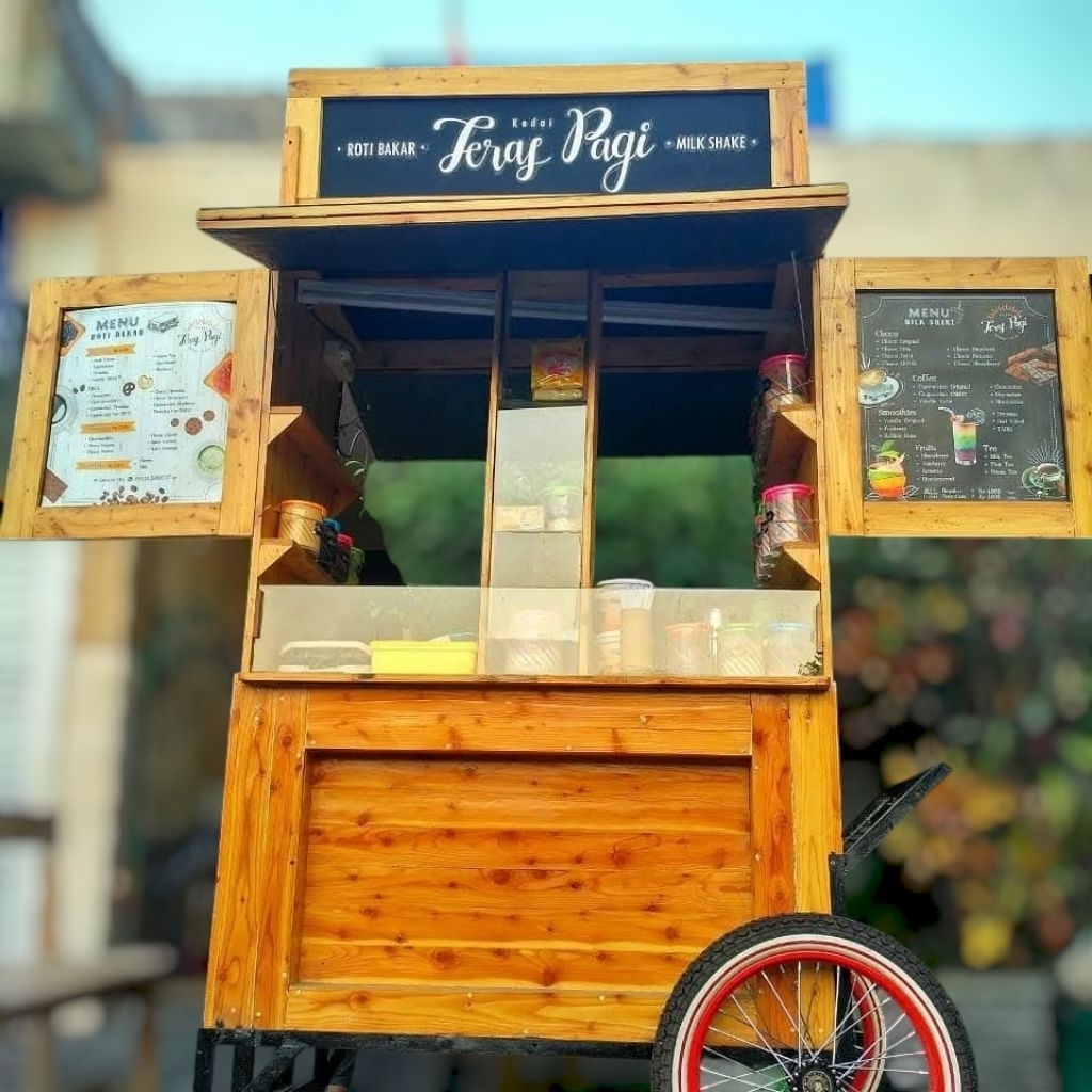 Rombong Booth Kayu Jati Belanda Custom Gerobak Jualan Kopi Roti Bakar Minimalis Kaki Besi untuk Cafe