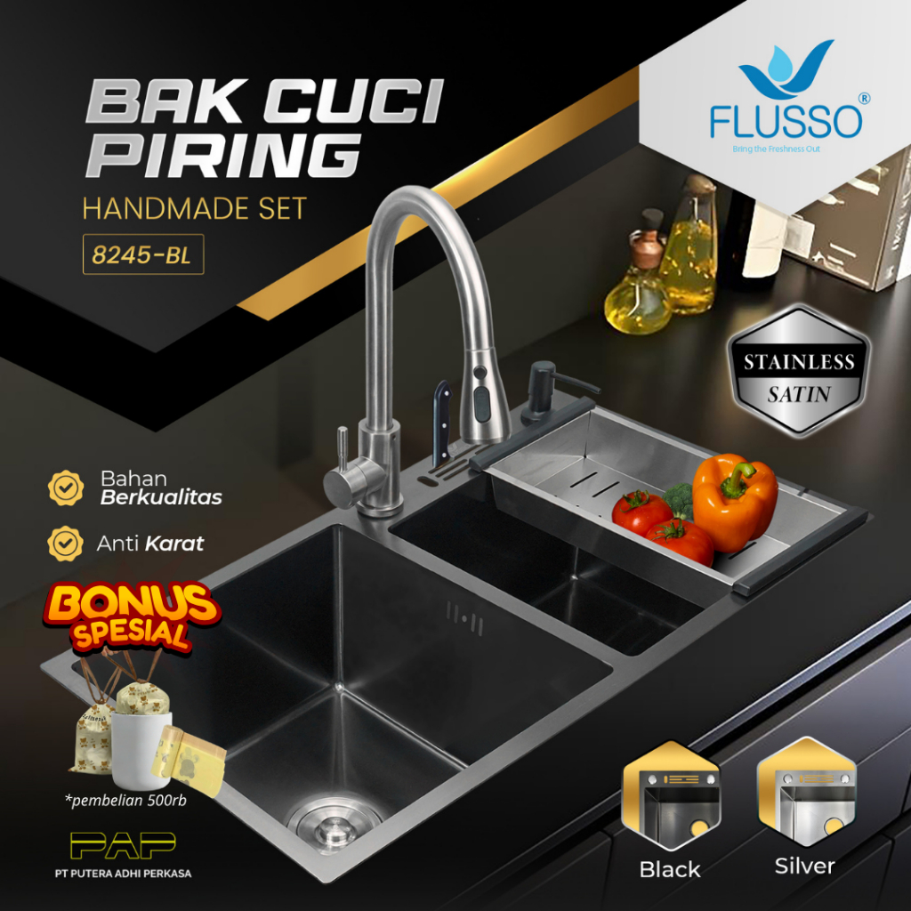 Kitchen Sink Wastafel Stainless 2 Lubang - 1 Lubang Bak Cuci Piring Lengkap Premium Flusso