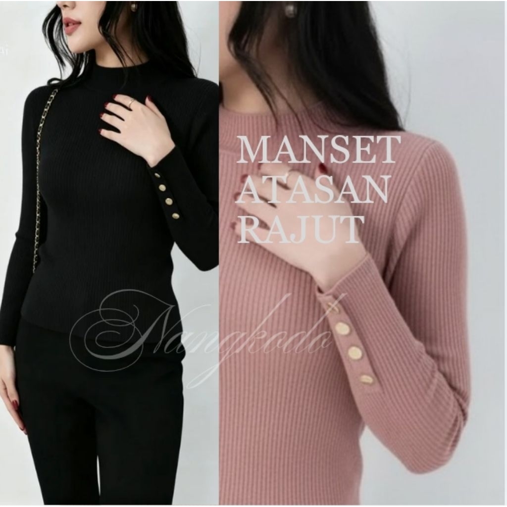manset rajut wanita kancing gold lengan panjang/ atasan rajut turtleneck wanita lengan panjang/ baju