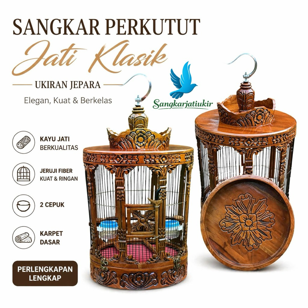Sangkar Burung Perkutut Kayu Jati Klasik Ukiran Jepara Asli Fullset Lengkap Jeruji Fiber Mewah Siap 