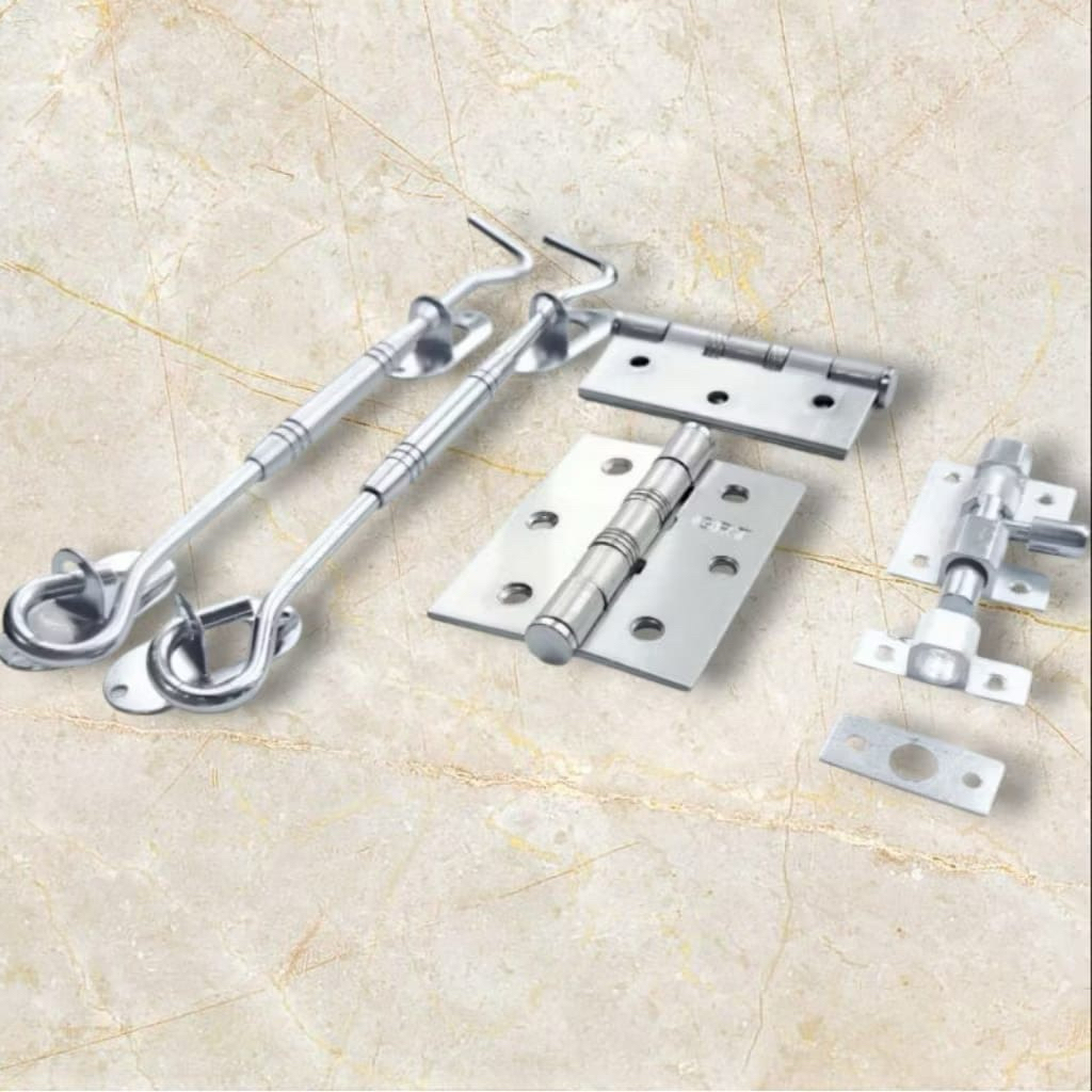Jendela Set Silver Series Sepasang Hak Angin Grendel Dan Sepasang Engsel Bahan Alumunium