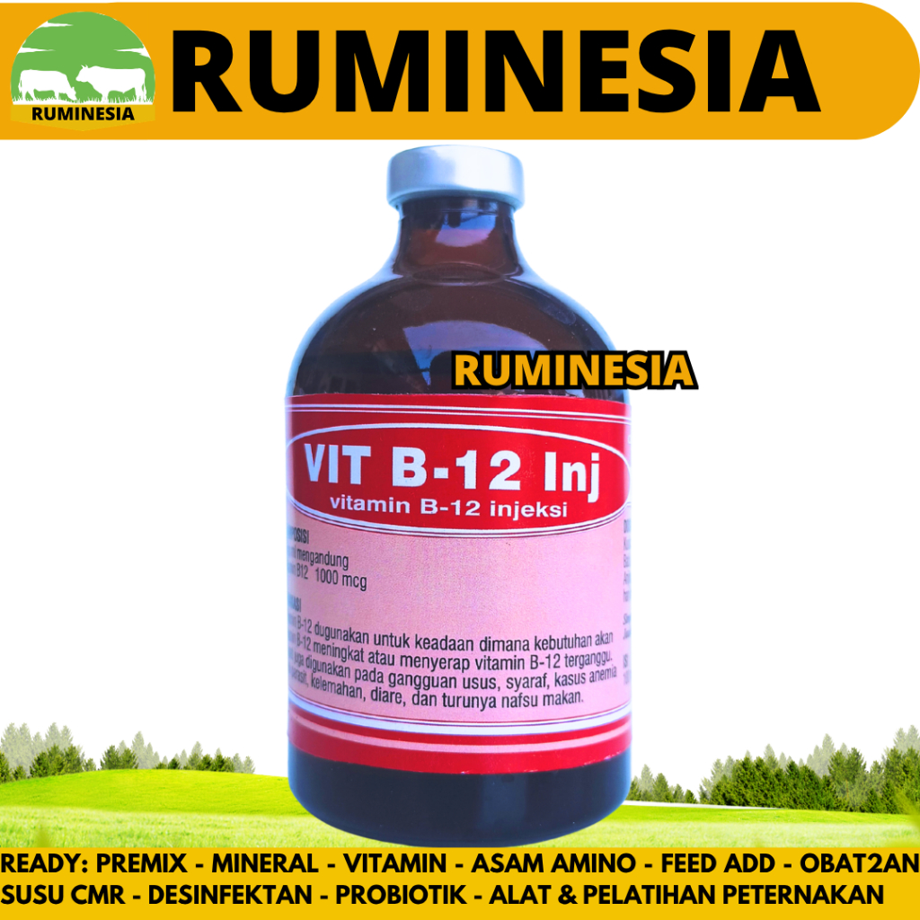 VIT B12 INJ 100ML BOTOL MERAH - Vitamin B12 Hewan Meningkatkan Nafsu Makan Hewan Ternak Sapi Kambing