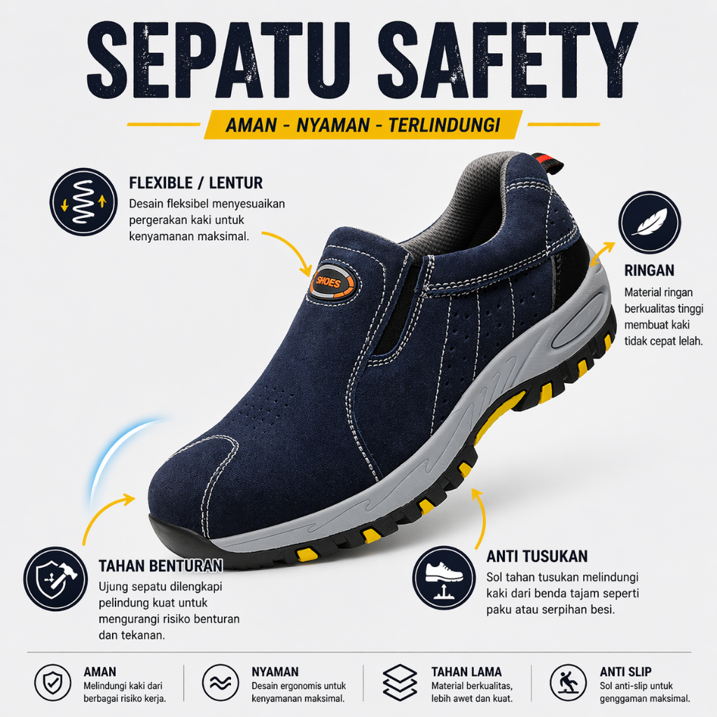SEPATU SAFETY PRIA UJUNG BESI SLIP ON SAFETY SHOES IMPORT ORIGINAL SELOP
