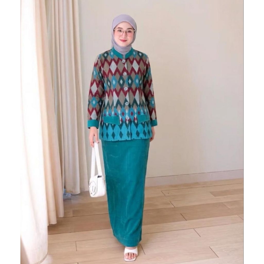 [NEST] Setelan Atasan Wanita Tapis Lampung | Oneset Guru Mengajar | OOTD Kemeja Motif Kerja Full Bat