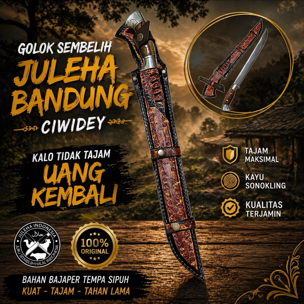 Golok Sembelih jagal Bandung Baja Per 40cm Asli Sarung Kulit Sapi - Super Tajam Siap Pakai
