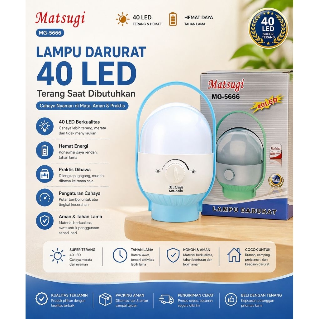 Lampu Darurat LED Matsugi MG-5666 40 LED – Rechargeable, Terang & Praktis Dibawa