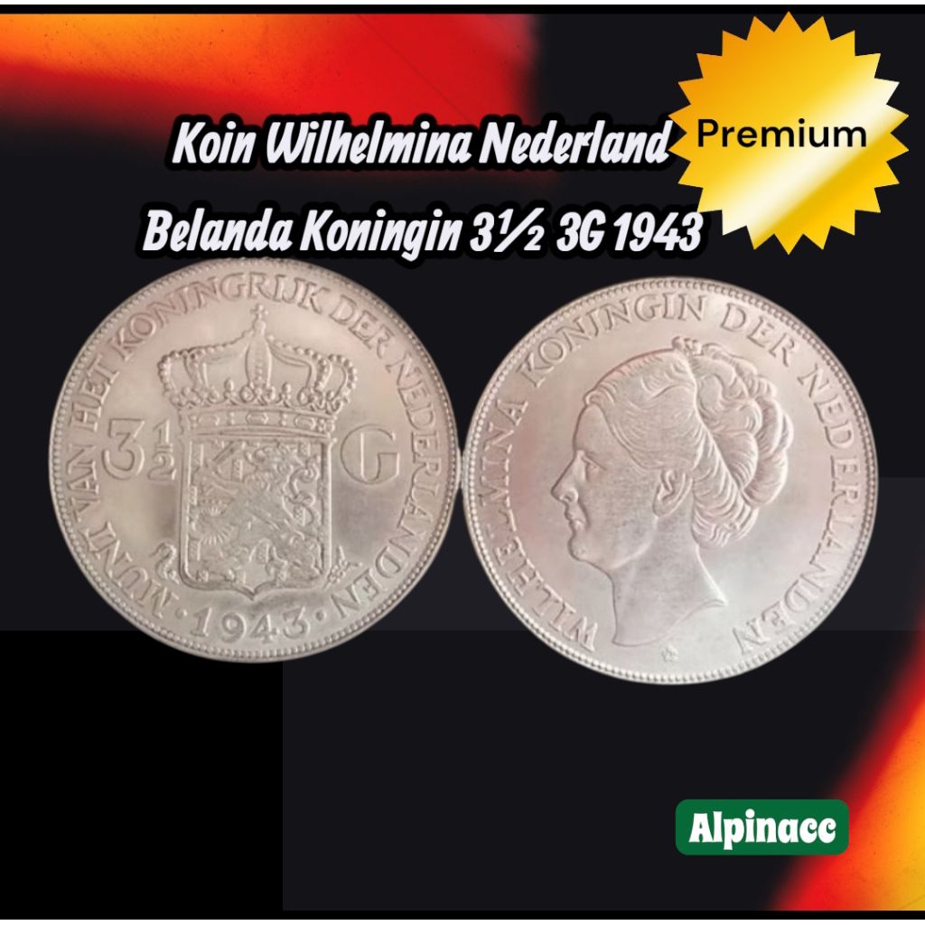 Koin Silver Perak Wilhelmina Nederland Belanda Koningin 3½ 3G 1943 Premium