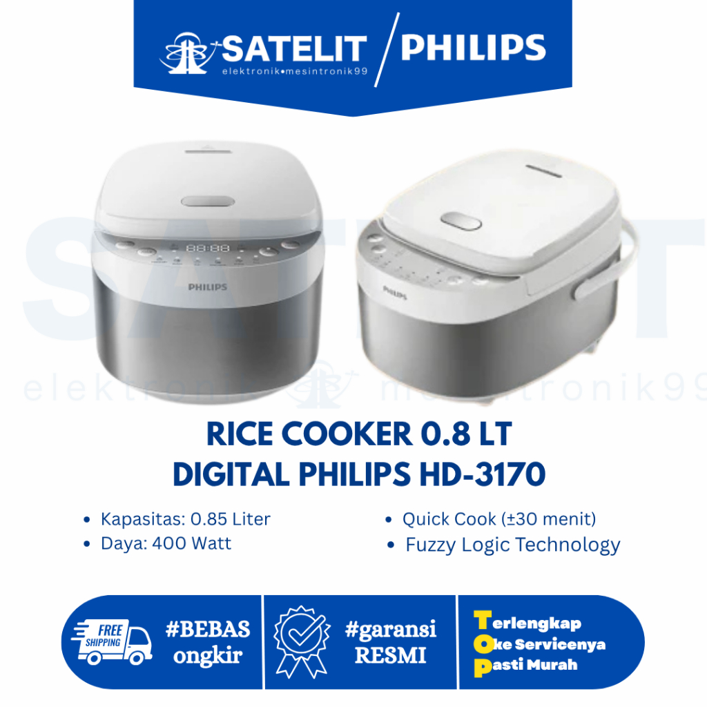 RICE COOKER 0.8 LT DIGITAL PHILIPS HD-3170 - Rice Cooker Kecil Hemat Listrik 400W Masak Cepat 30 Men