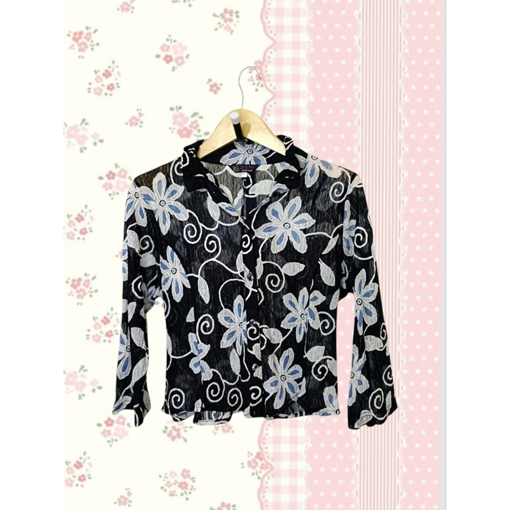 Vintage Floral Kawai Lace Mesh Crop Shirt 2000's Style