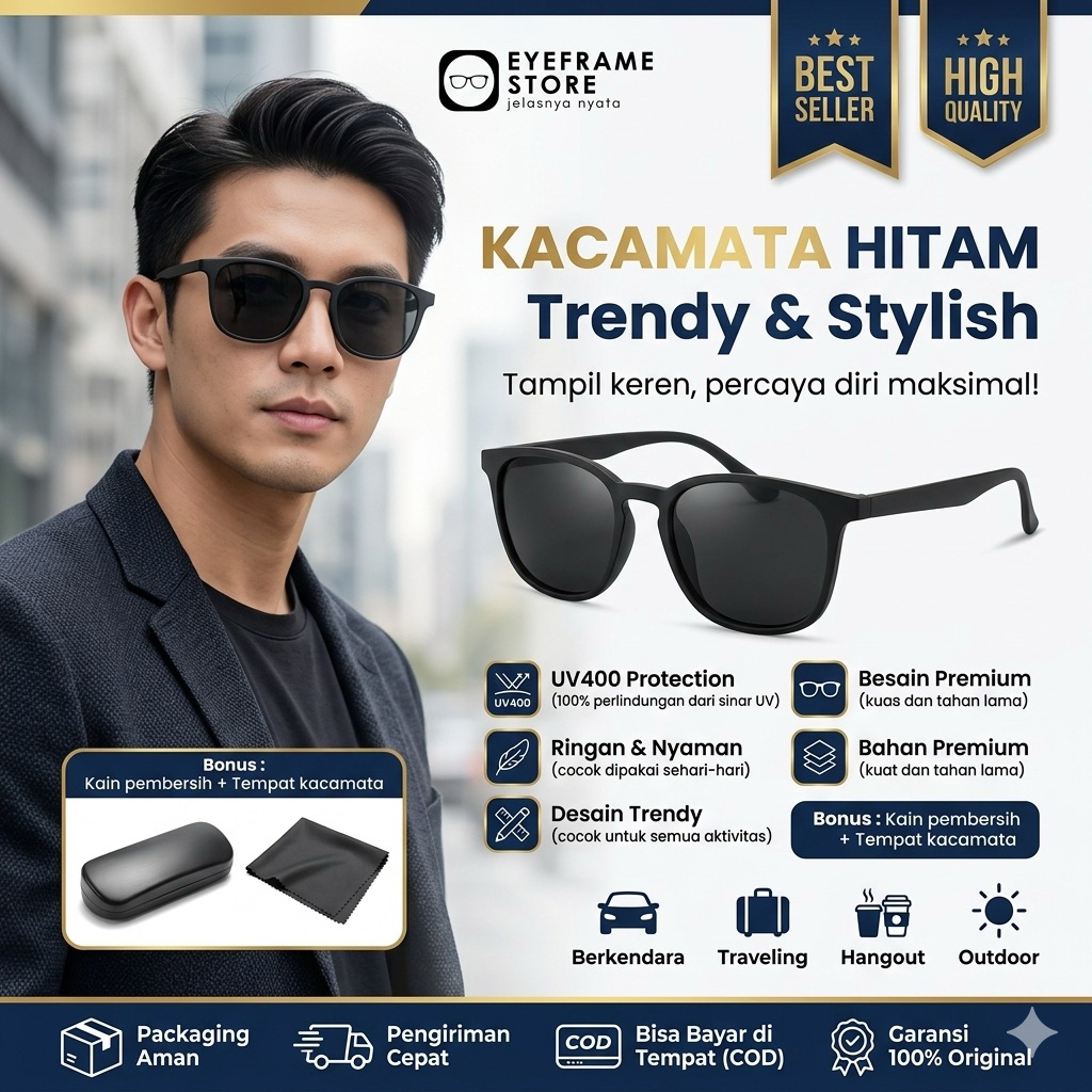 Y3015 Kacamata Hitam Doff Matte Black Wayfarer - Sunglasses Unisex Simple Anti UV