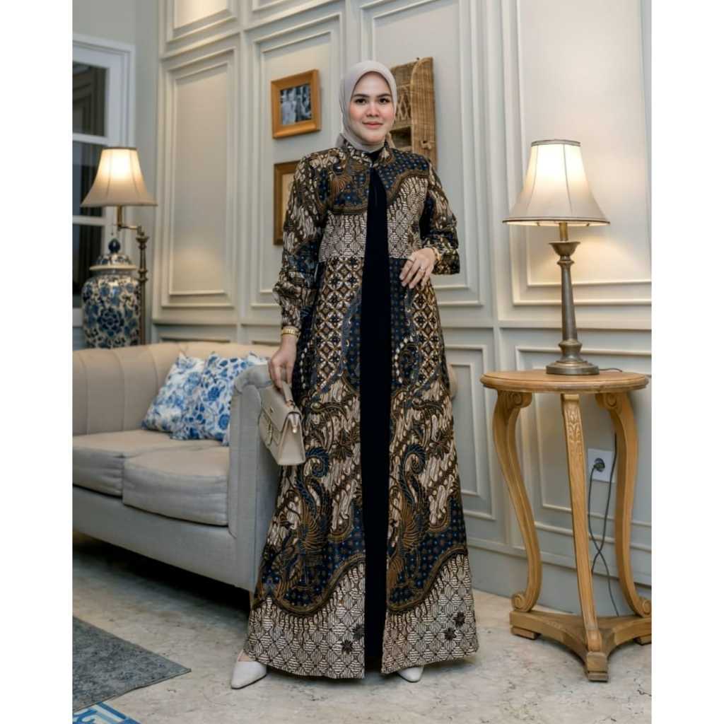 Batik Dress Premium Hazana Modern Gamis Cardigan Wanita Bahan Katun Batik Solo