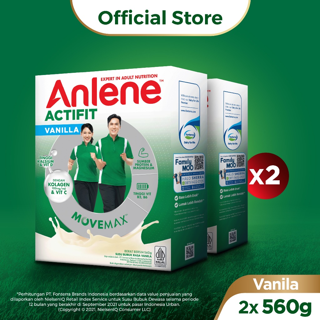 Anlene Actifit 3X Susu Bubuk Dewasa Vanila 2 x 560g - Nutrisi Tinggi Kalsium Untuk Tulang, Sendi, da