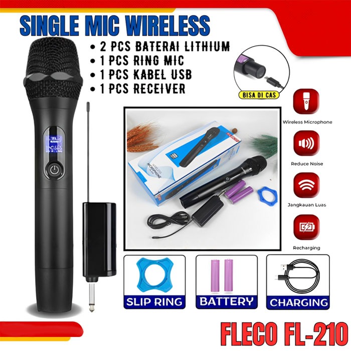 Mic Single Wireless Professional Recharger FLECO FL-210 | Microphone wireles Fleco FL210 Mic Karaoke