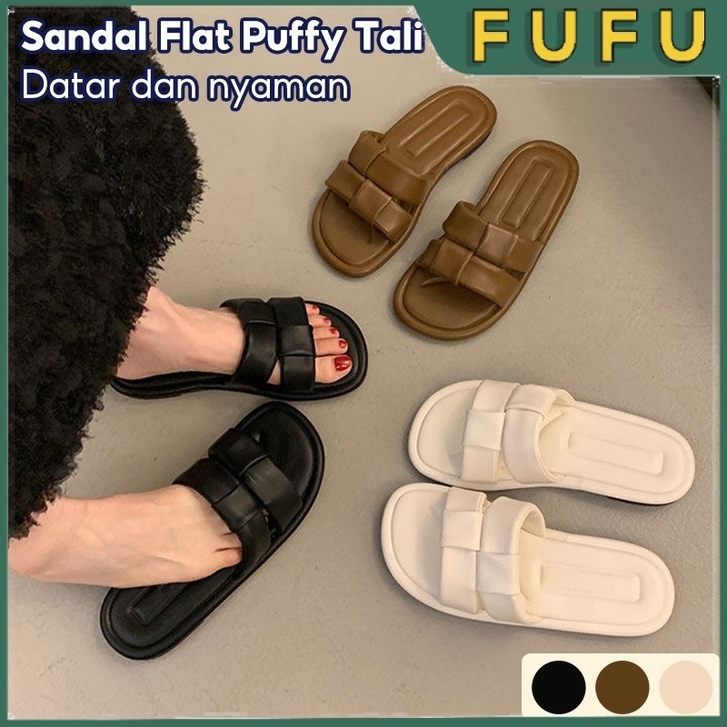 FUFU Sandal Wanita / Sandal Korean Style / Sandal Puffy Tali / Sandal Flat Wanita / Sandal Casual Em