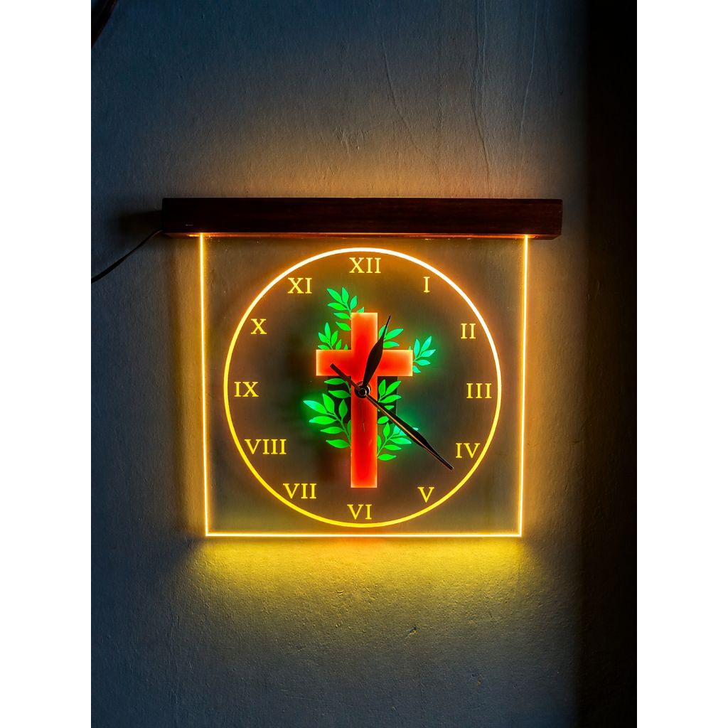 jam dinding akrilik LED bernuansa salib nasrani kristen free batere AA lampu hias / lampu tidur