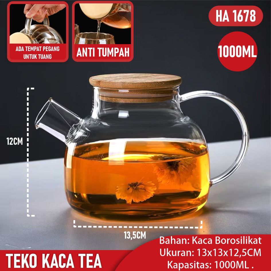 Teko Kaca TEAPOT / Gelas Saringan Rempah / Anti Panas / Bisa di Masak / Teapot Tutup Kayu