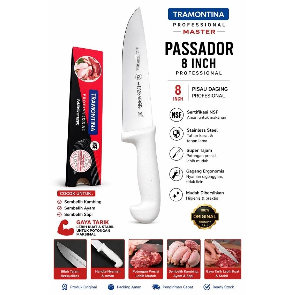 Pisau Brazil Tramontina Passador Butcher Knife Original 8 Inchi - Standar NSF - Pisau Sembelih Ayam 