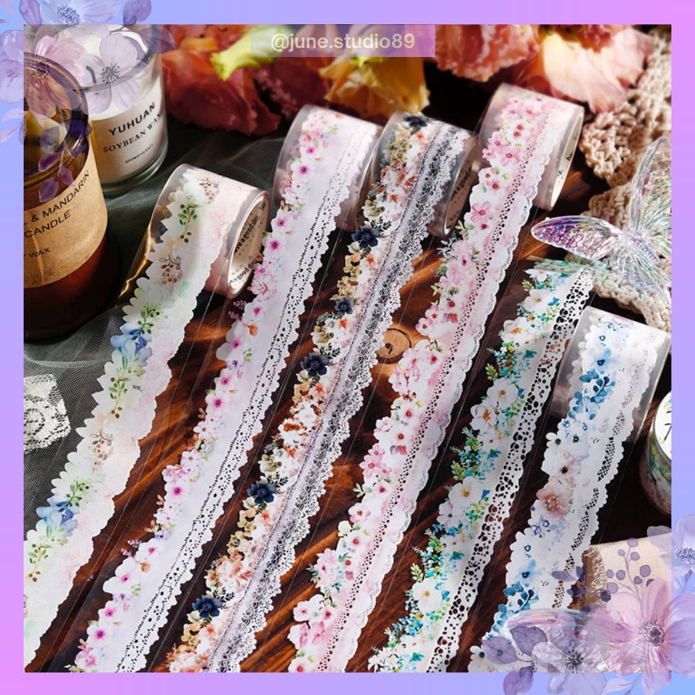 [JUNE] WT Floral Lace Washi Tape PET Sticker Roll Selotip Waterproof PET Bunga Renda Sticker Decor A